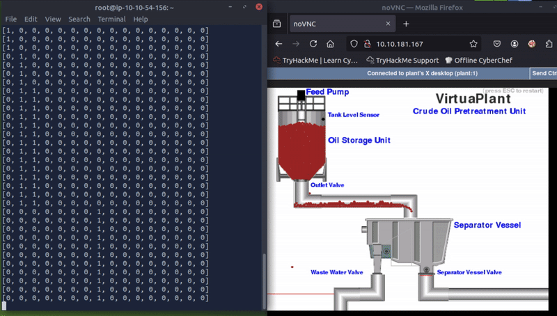 A VirtuaPlant Crude Oil Pretreatment Unit that shows a drop of oil falling out of the tank and through the wasted oil counter line.